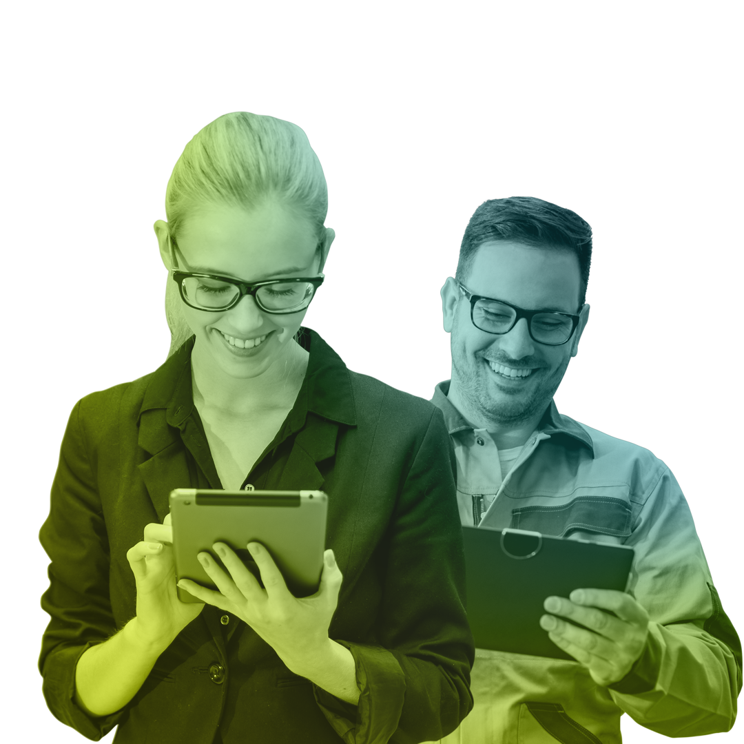 Zwei Auditoren, eine Frau und ein Mann, mit Tablets und der cluetec Audit Software
