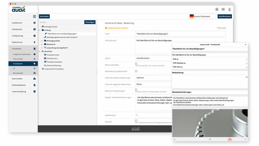 Screenshots der cluetec Audit Software. Checklistenverwaltung und Checkliste auf Tablet. digitales Qualit&auml;tsmanagement