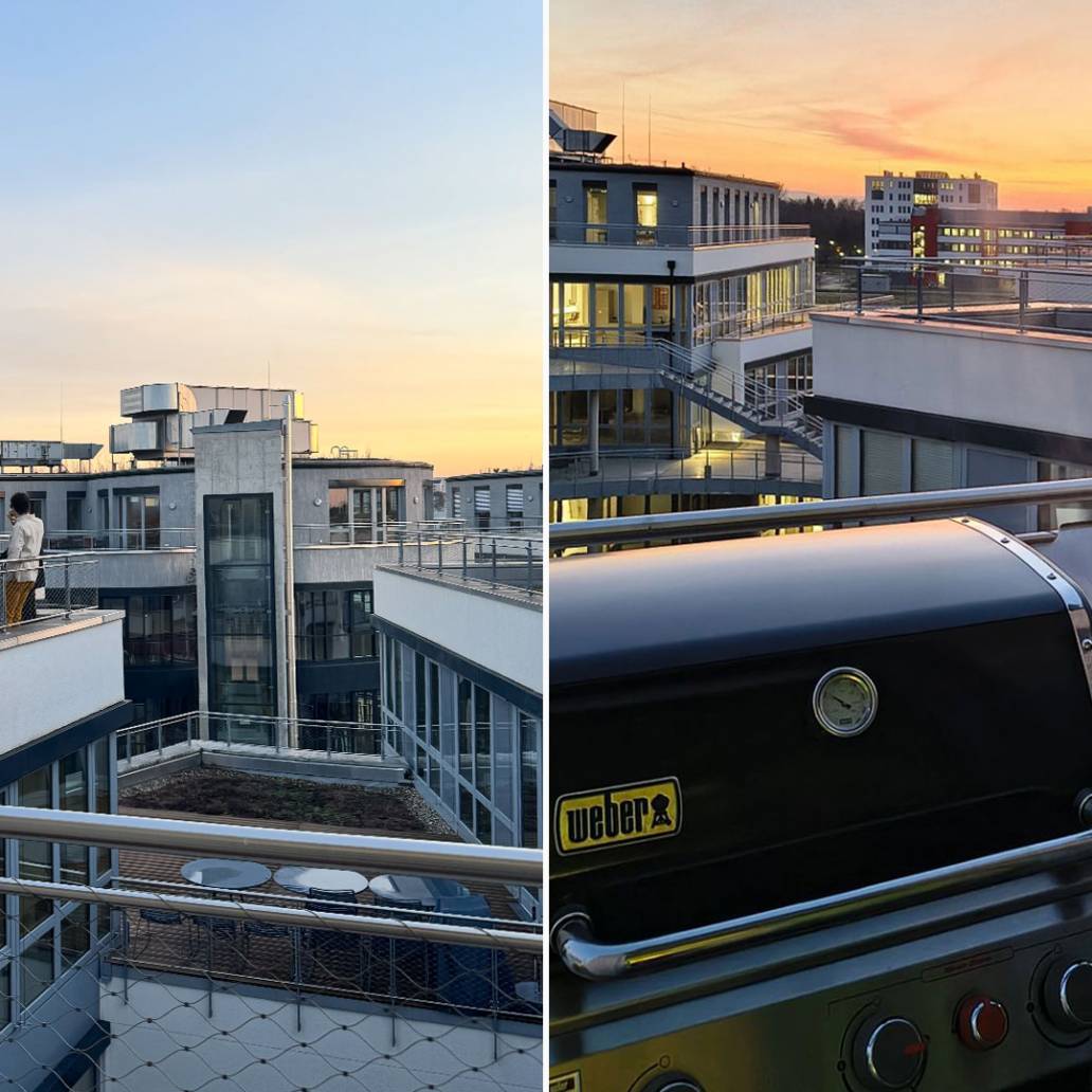 Grillabend auf Dachterrasse bei Sonnenuntergang.
