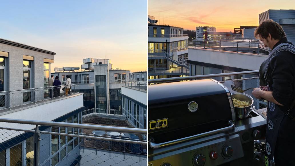 Grillabend auf Dachterrasse bei Sonnenuntergang.