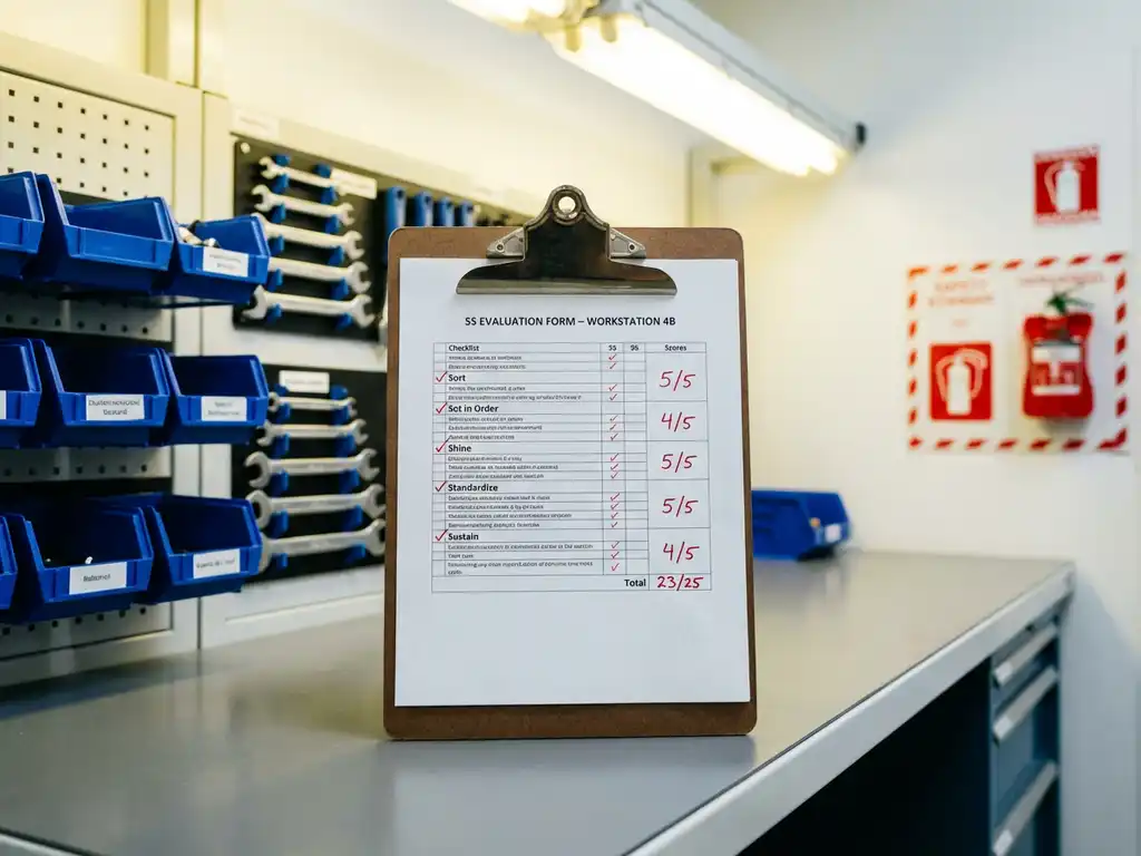 Professioneller Auditor-Klemmbrett mit 5S-Bewertungscheckliste auf sauberem Industriearbeitsplatz, rote Häkchen sichtbar