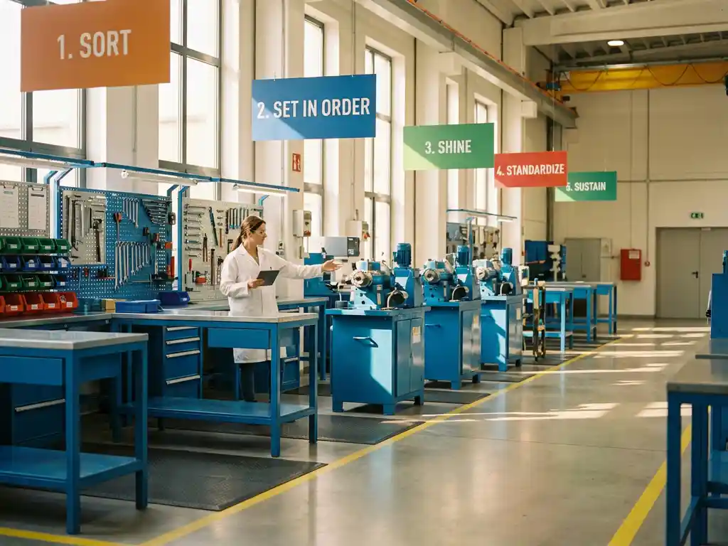 Qualitätsprüfer in weißem Kittel mit Tablet in makelloser Industriehalle mit 5S-Methodik, organisierte Werkzeugzonen und Fertigungsanlagen bei warmem Tageslicht