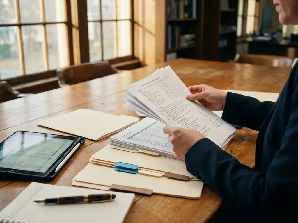 Professionelle Hände eines Wirtschaftsprüfers ordnen Arbeitspapiere auf Holzkonferenztisch mit Ordnern, Tablet und Füllfederhalter