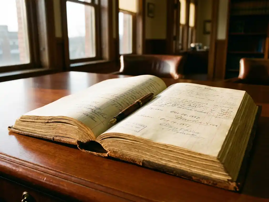Ledergebundenes Prüfungsbuch mit handschriftlichen Einträgen auf Mahagoni-Schreibtisch, Füllfederhalter im Einband, warmes Sonnenlicht durch Bürofenster