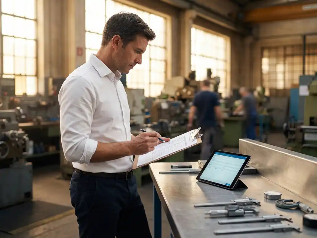 Professioneller Auditor prüft Fertigungs-Checkliste auf Klemmbrett neben Tablet und Präzisionsmessgeräten auf Stahltisch