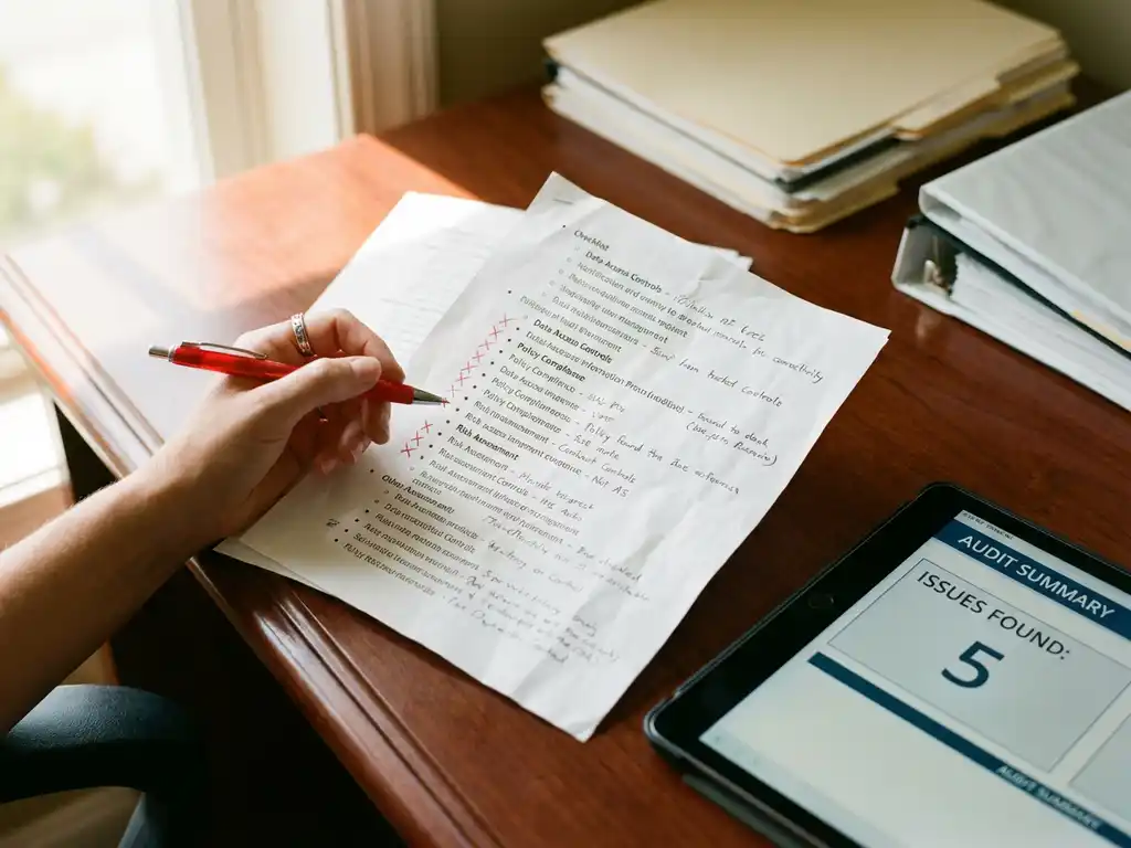 Professioneller Wirtschaftsprüfer hält roten Stift über detaillierte Checkliste mit fehlerhaften Markierungen auf Mahagoni-Schreibtisch neben Tablet mit Audit-Software