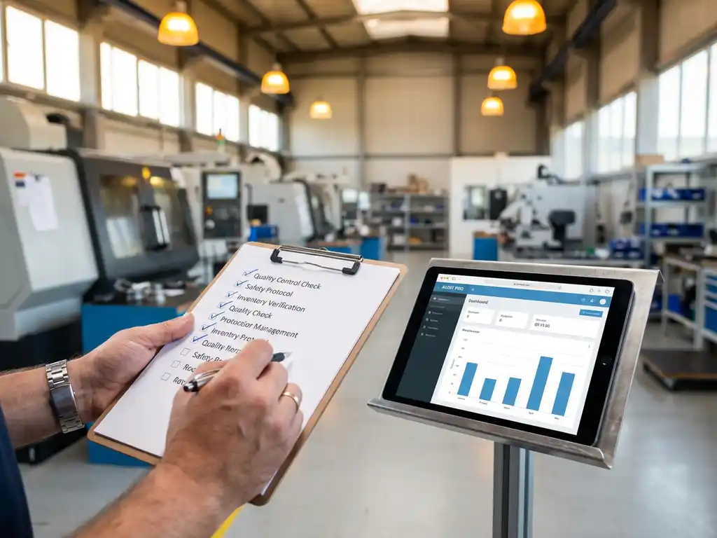 Auditor-Hände prüfen detaillierte Papier-Checkliste mit Häkchen am modernen Industriearbeitsplatz mit Tablet und Fertigungsausrüstung