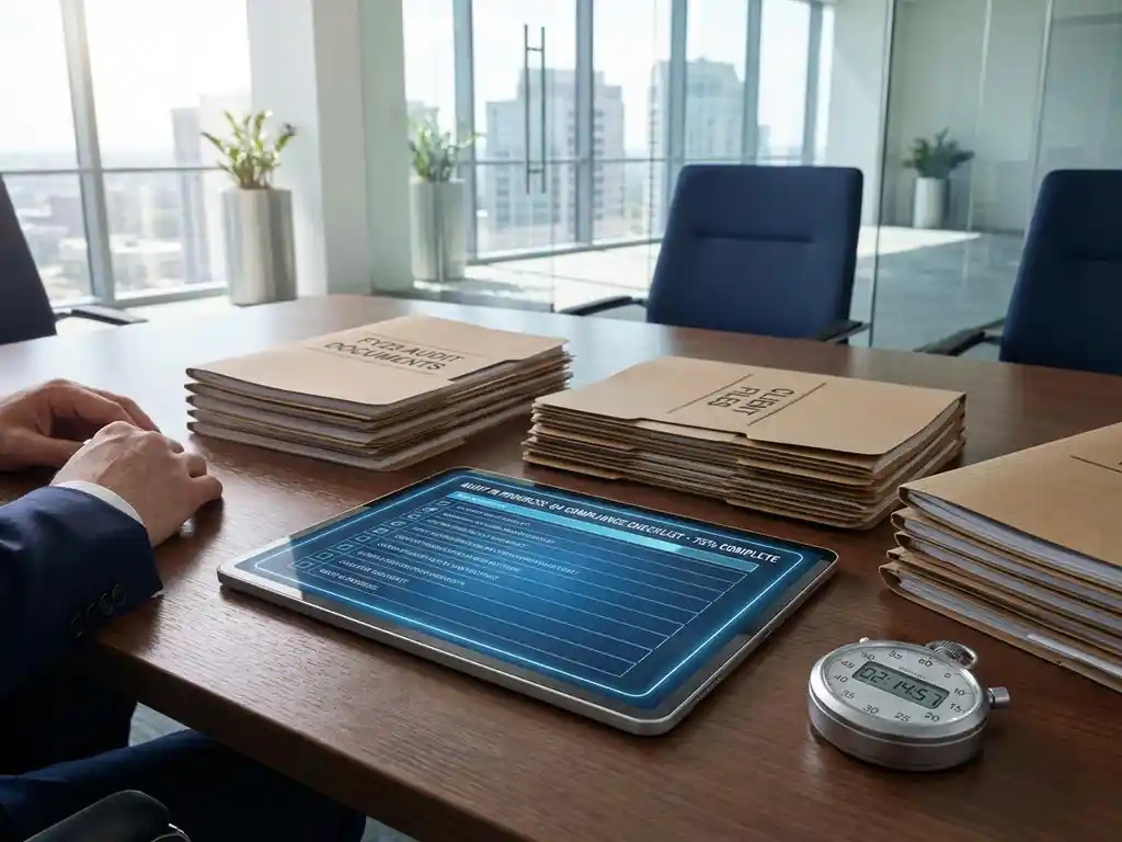Digitales Tablet mit Audit-Checkliste auf Konferenztisch neben Papierordnern und Stoppuhr in modernem Büro