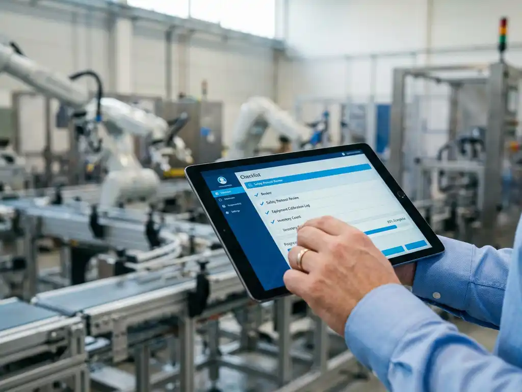 Auditor hält Tablet mit digitaler Checkliste über modernem Industriearbeitsplatz mit Fertigungsausrüstung im Hintergrund