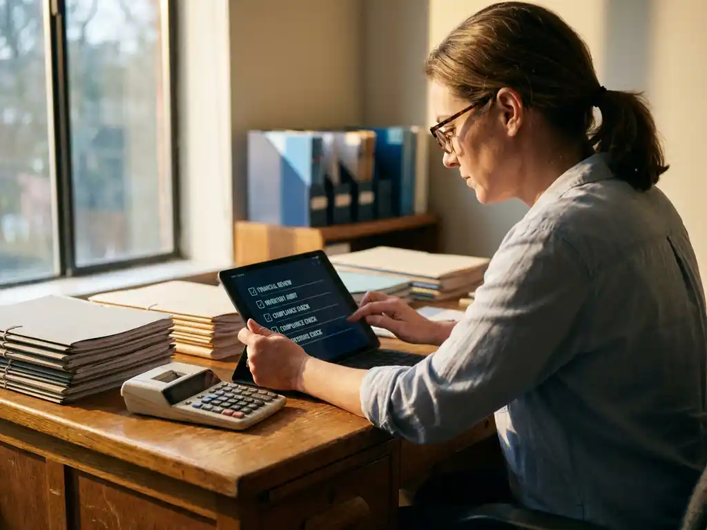 Kleinunternehmer am Holzschreibtisch prüft Audit-Checklisten auf Tablet, umgeben von Dokumentenstapeln und Taschenrechner