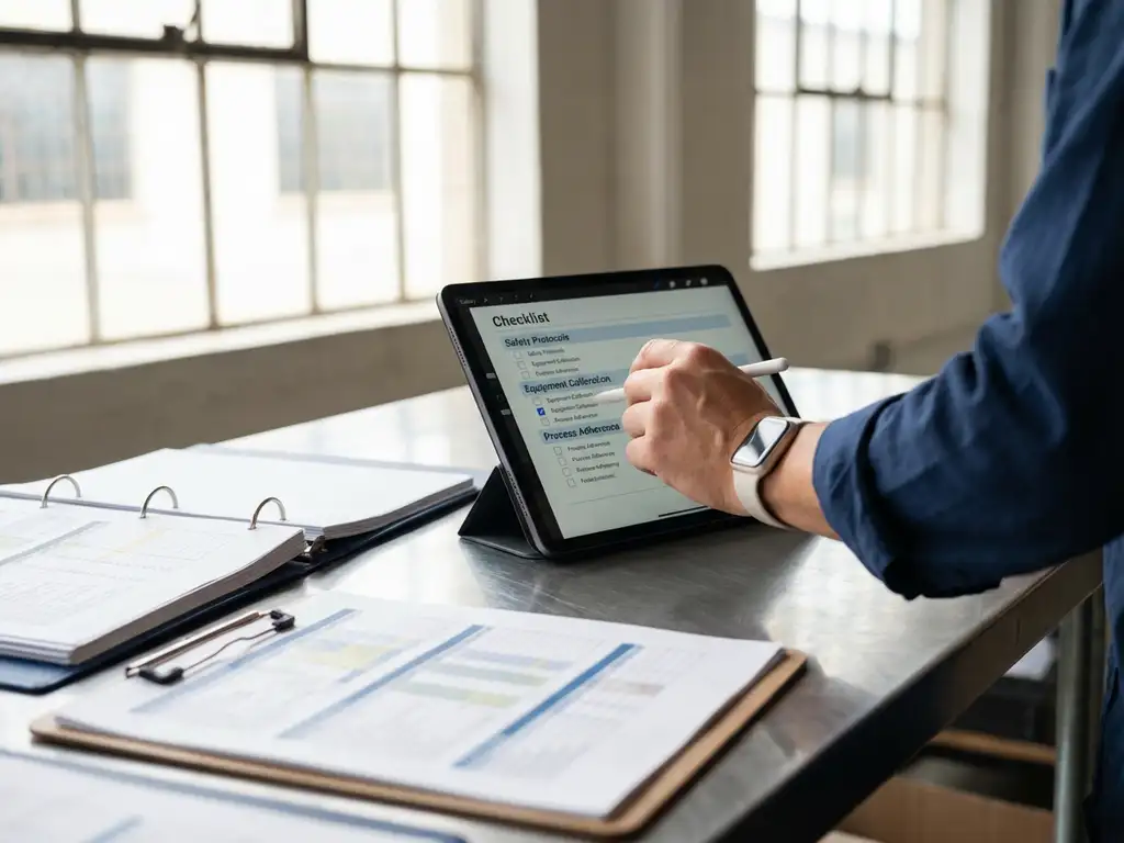 Pr&uuml;fer aktualisiert Audit-Checkliste auf Tablet am Arbeitsplatz mit Qualit&auml;tskontrolldokumenten