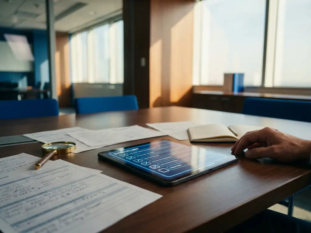Tablet mit digitaler Audit-Checkliste auf Konferenztisch, umgeben von Papierformularen und Lupe in modernem Büro