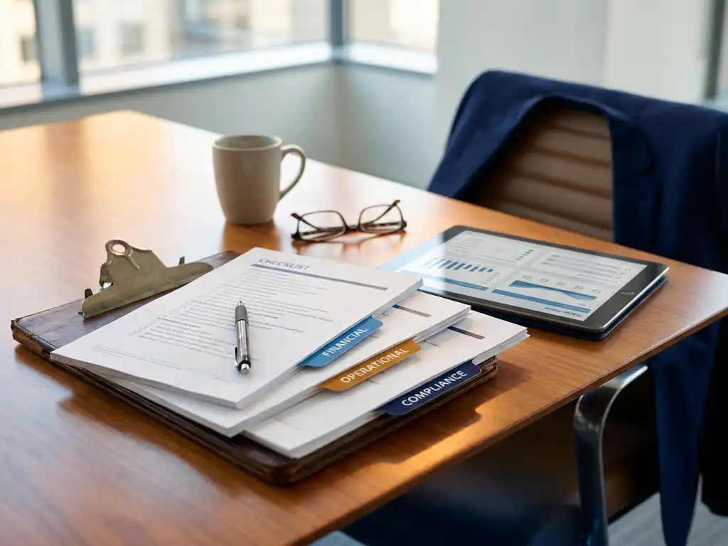 Professioneller Pr&uuml;fer-Klemmbrett mit mehreren detaillierten Checklisten auf poliertem Holzkonferenztisch, Tablet mit digitalen Formularen neben Papierdokumenten