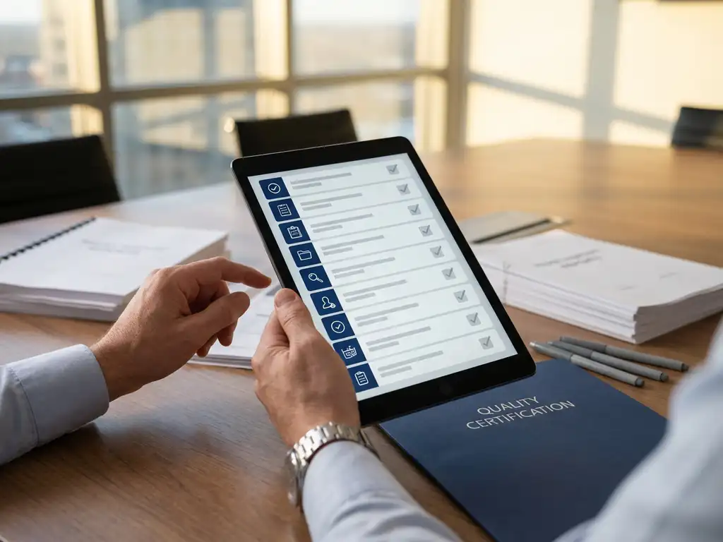 Professionelle Pr&uuml;ferh&auml;nde halten digitales Tablet mit Checkliste-Interface &uuml;ber Konferenztisch mit Audit-Dokumenten und Zertifizierungsordner