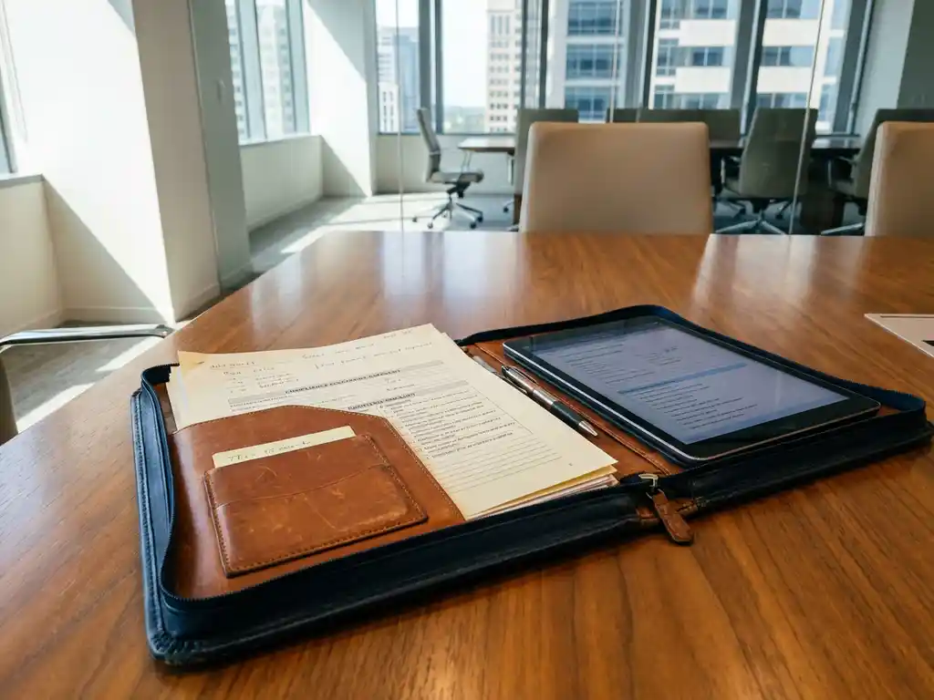 Geöffnetes Leder-Portfolio eines Wirtschaftsprüfers auf Konferenztisch mit Audit-Dokumentation, Tablet und Checklisten im modernen Boardroom