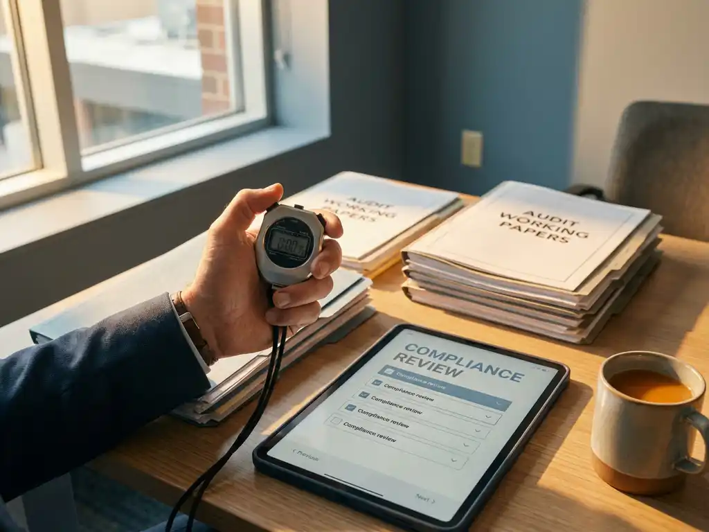 Professionelle Auditorin h&auml;lt Stoppuhr &uuml;ber organisiertem Schreibtisch mit Pr&uuml;fungsdokumenten und Tablet mit digitalen Checklisten