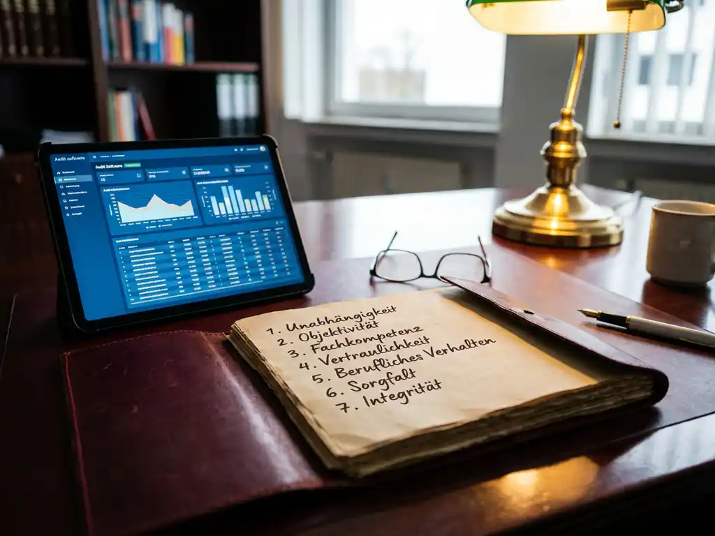 Aufgeschlagenes Leder-Notizbuch mit handgeschriebenen Pr&uuml;fungsgrunds&auml;tzen neben digitalem Tablet auf Mahagoni-Schreibtisch