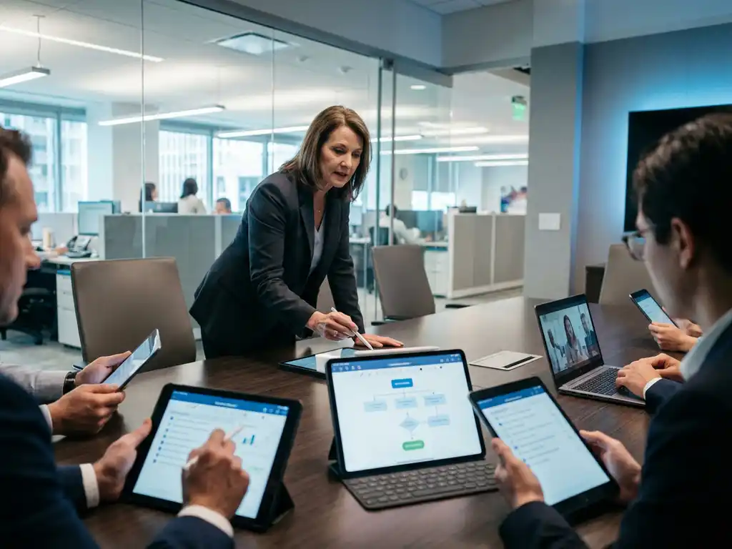 Senior Audit-Manager koordiniert mit Teammitgliedern über digitale Prüfungsdokumente auf Tablets und Laptops im modernen Konferenzraum