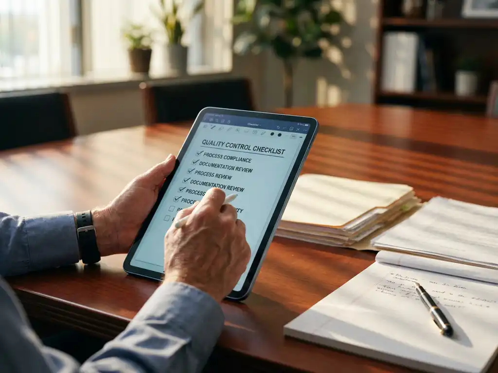 Professioneller Wirtschaftsprüfer überprüft digitale Qualitätskontroll-Checkliste auf Tablet am Mahagoni-Konferenztisch