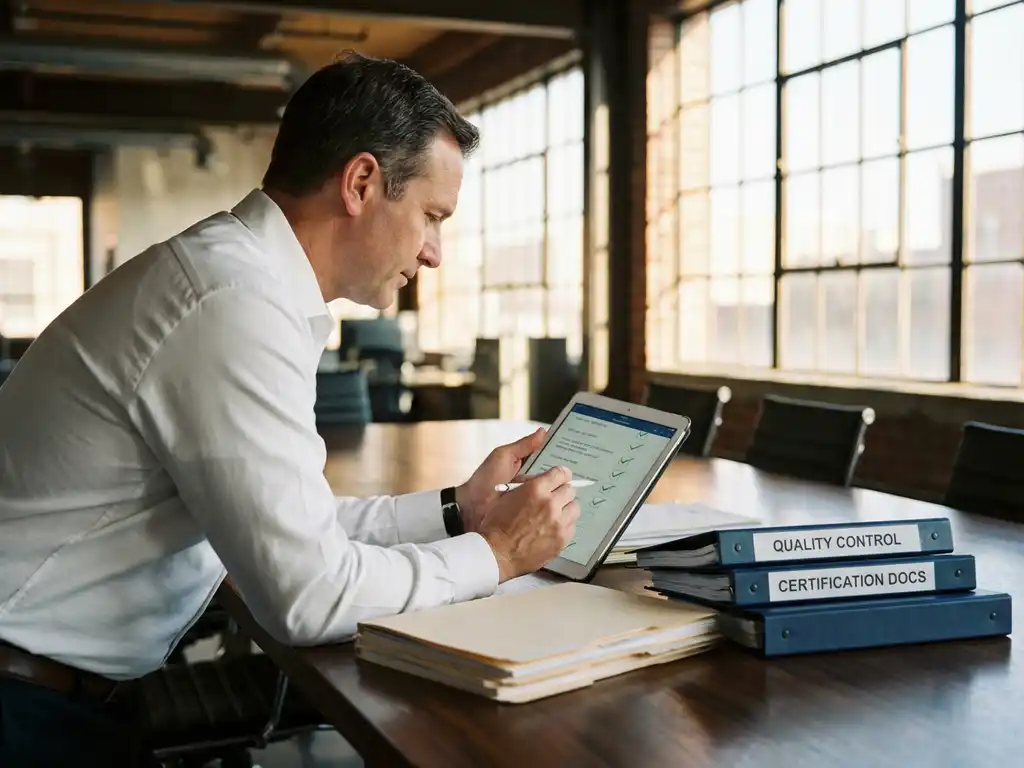 Professioneller Auditor in wei&szlig;em Hemd pr&uuml;ft Checkliste auf Tablet am Konferenztisch mit Qualit&auml;tskontrolldokumenten