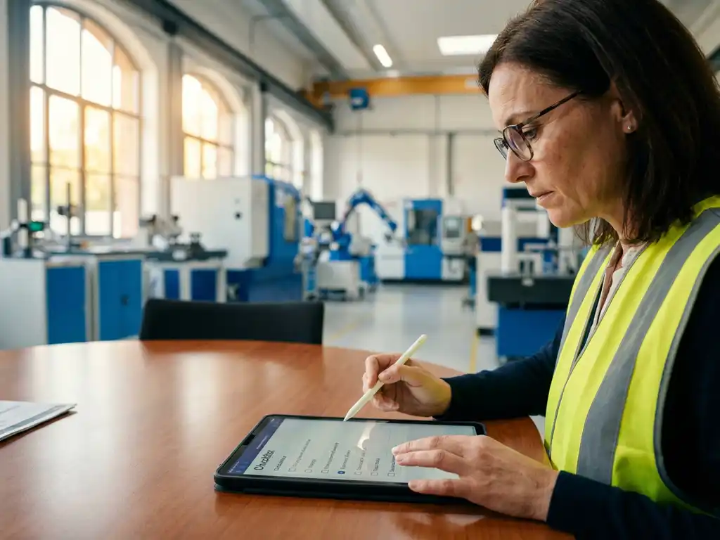 Professioneller Auditor prüft industrielle Checkliste auf Tablet am Konferenztisch in heller Produktionsstätte