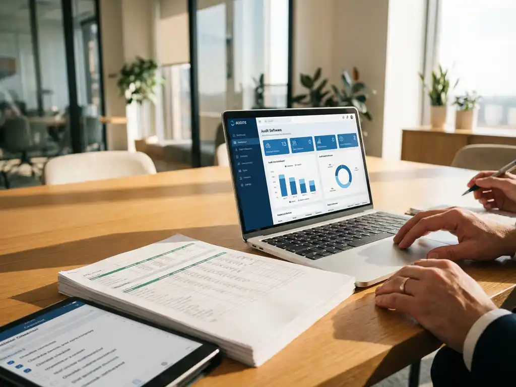 Moderner Laptop mit Audit-Software-Dashboard auf Konferenztisch neben Excel-Tabellen und Tablet mit digitalen Checklisten