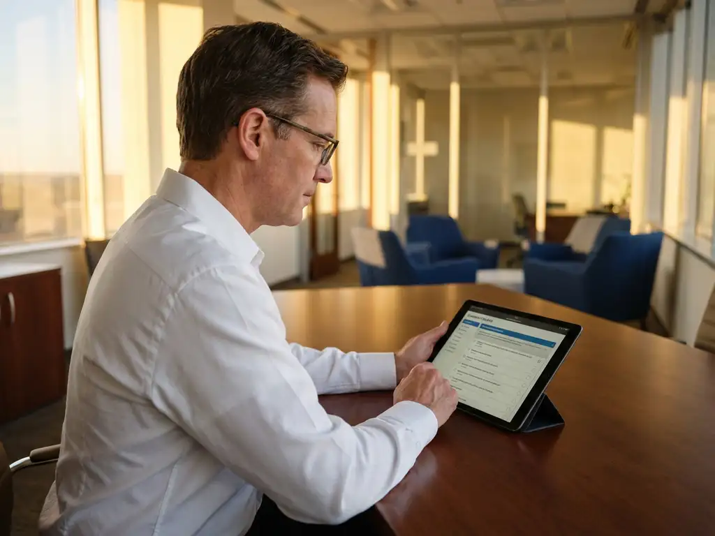Professioneller Wirtschaftspr&uuml;fer in wei&szlig;em Hemd &uuml;berpr&uuml;ft Checkliste auf Tablet am Holzkonferenztisch im hellen B&uuml;ro