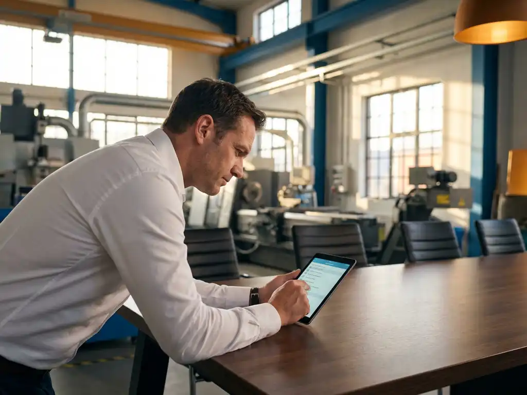 Professioneller Auditor prüft Checkliste auf Tablet am Konferenztisch in heller Industrieanlage mit Fertigungsausrüstung
