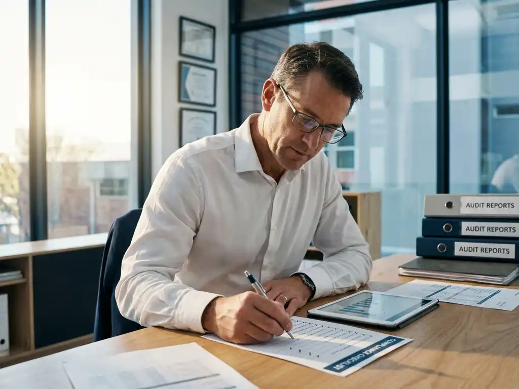 Professioneller Auditor in weißem Hemd prüft Compliance-Checkliste am modernen Büroschreibtisch mit Auditdokumentation