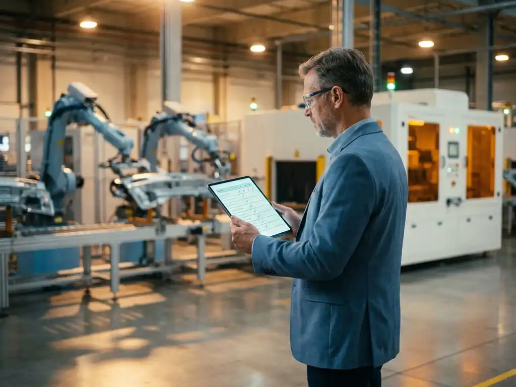 Professioneller Auditor mit Tablet und digitaler Checkliste in moderner Automobilfertigungshalle mit Industriemaschinen