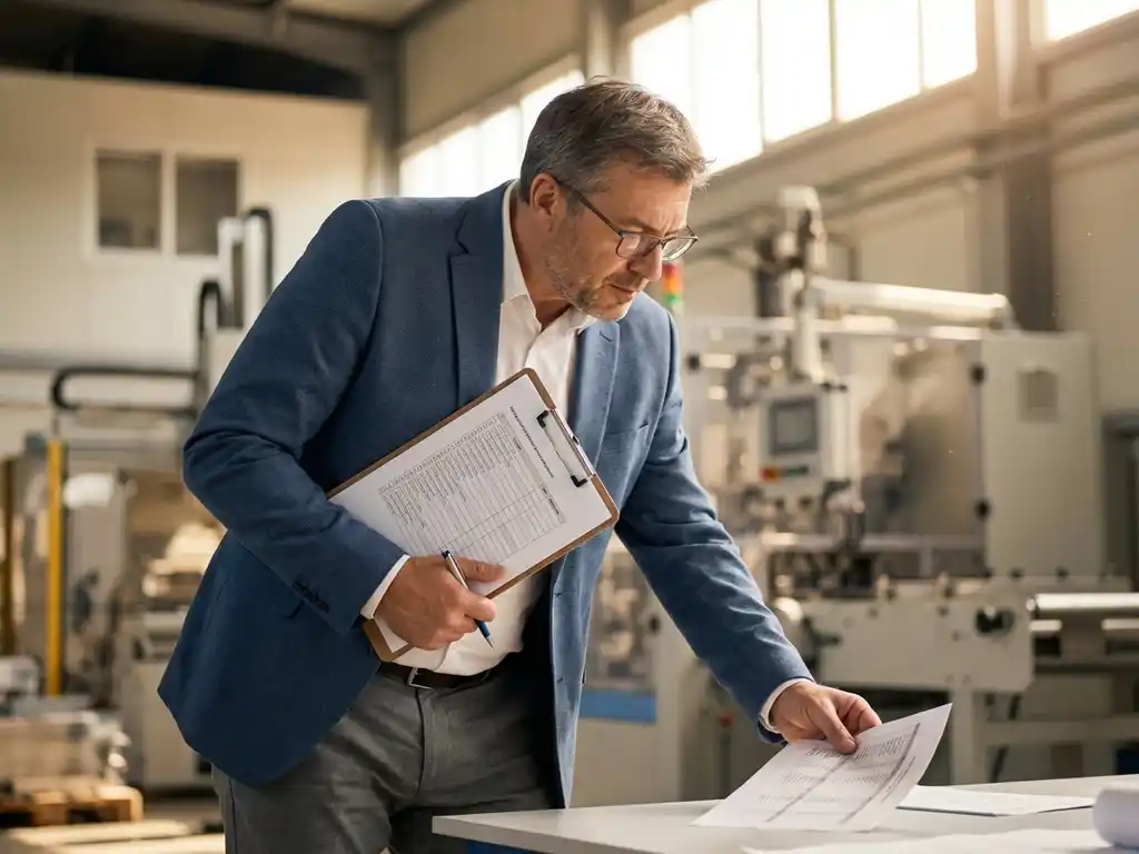 Professioneller Wirtschaftsprüfer in Geschäftskleidung prüft detaillierte Industriecheckliste in moderner Produktionsanlage