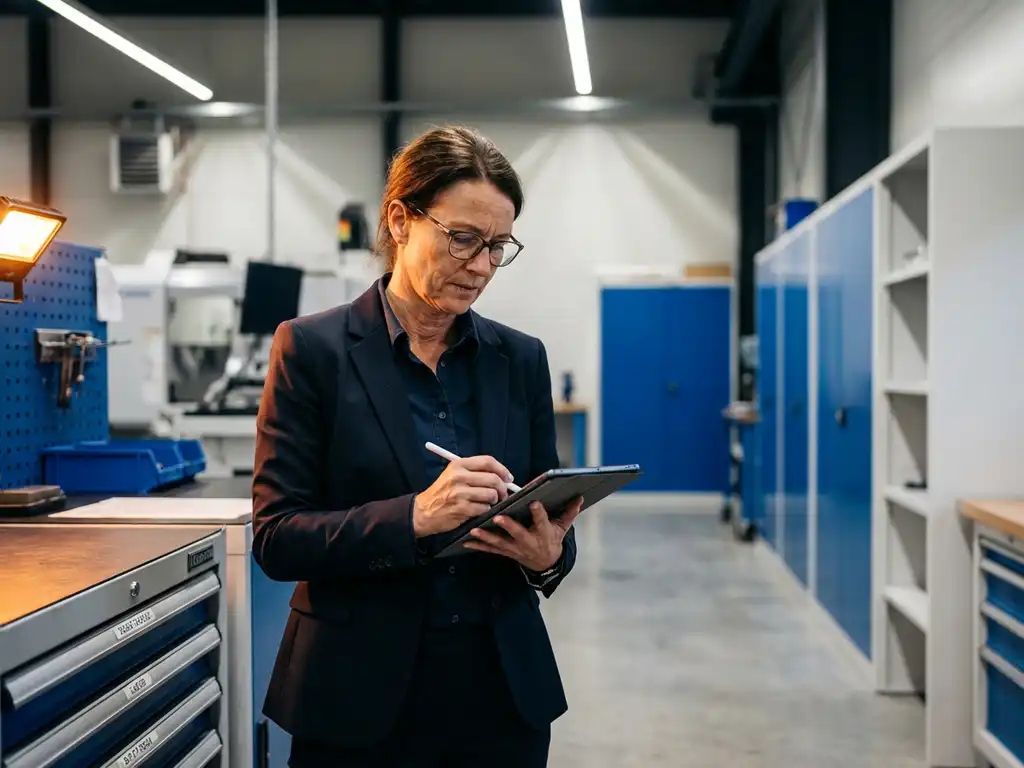 Professioneller Wirtschaftsprüfer mit Tablet inspiziert sauberen Industriearbeitsplatz mit organisierten Werkzeugschränken