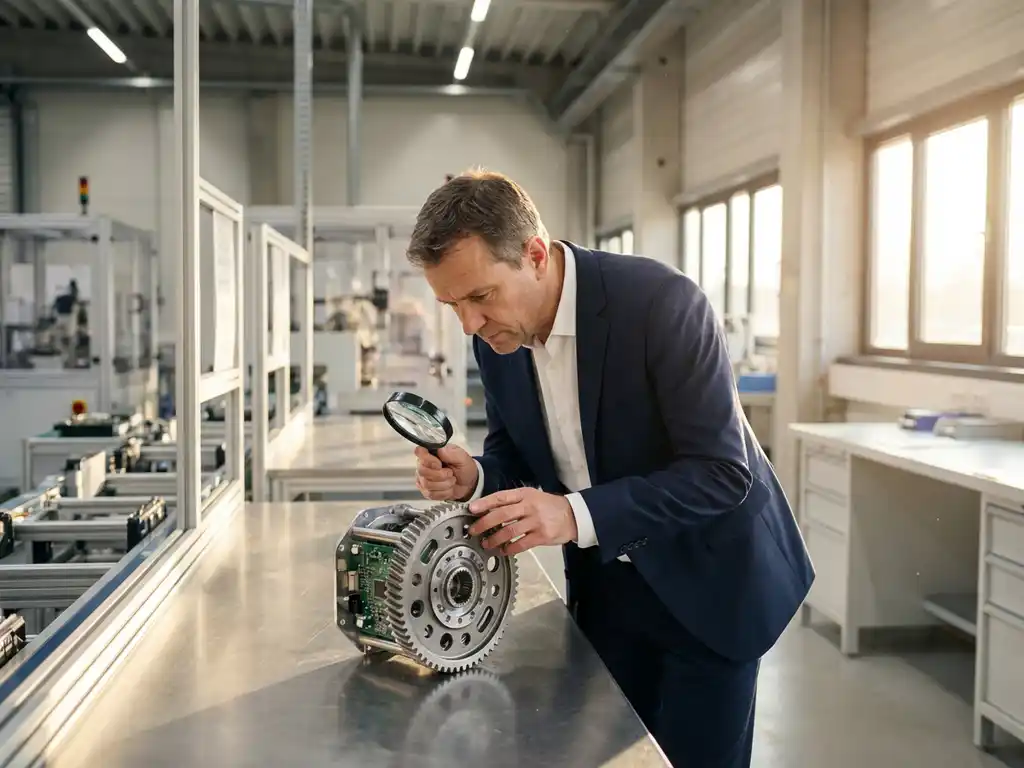 Professioneller Wirtschaftspr&uuml;fer untersucht Industriemaschinen mit Lupe in moderner Produktionsst&auml;tte