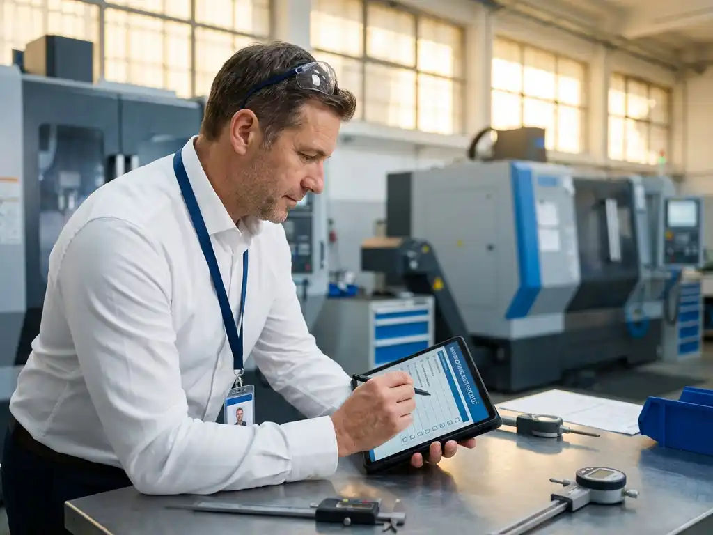 Professioneller Auditor &uuml;berpr&uuml;ft Fertigungs-Checkliste auf Tablet in moderner Fabrikumgebung mit Industriemaschinen
