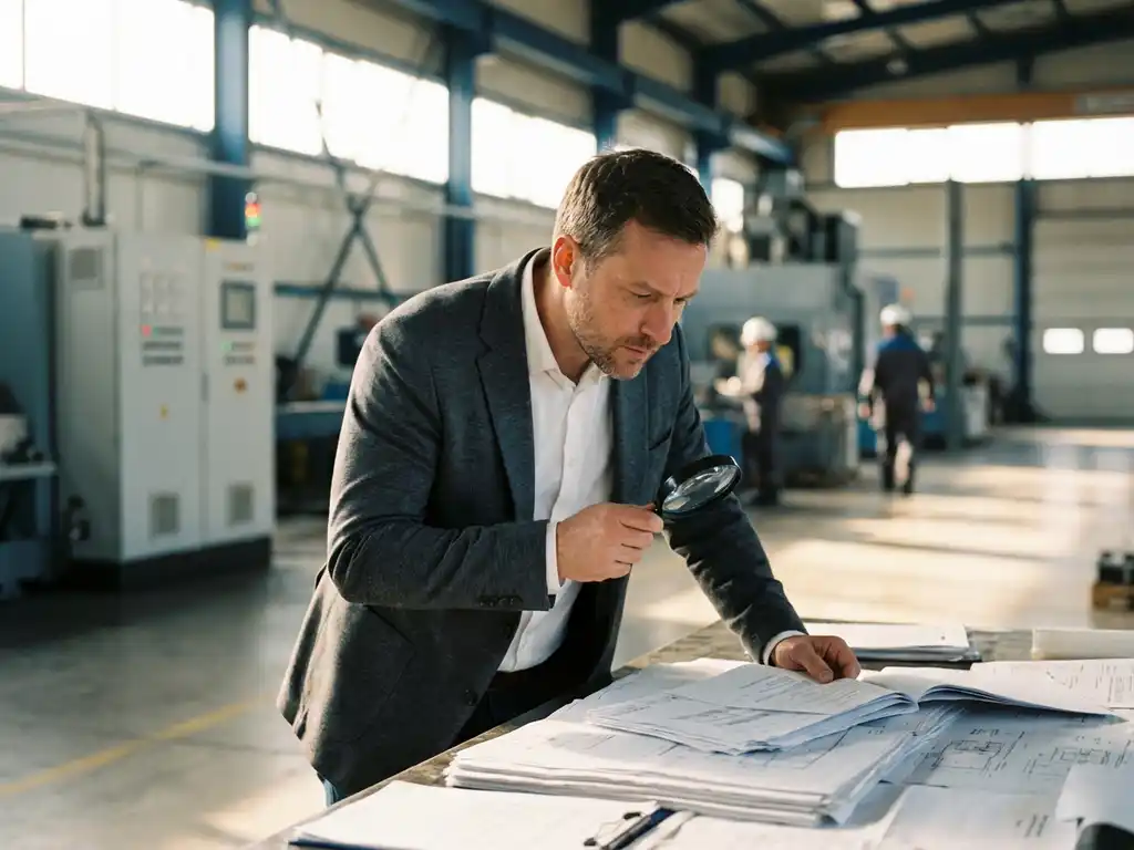 Professioneller Auditor in weißem Hemd untersucht Dokumente mit Lupe in moderner Industrieanlage