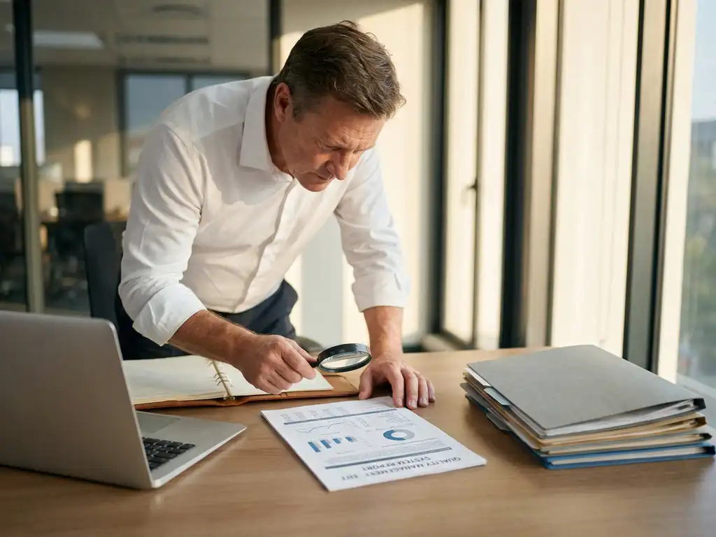Auditor in weißem Hemd prüft Qualitätsmanagement-Dokument mit Lupe am modernen Büroschreibtisch mit Laptop und Ordnern