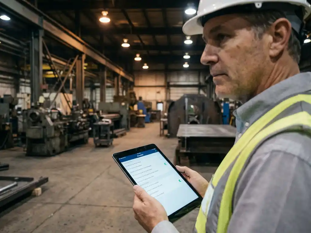 Professioneller Auditor mit Tablet zeigt digitale Checklisten in Industriehalle mit Betonboden und Stahlmaschinen