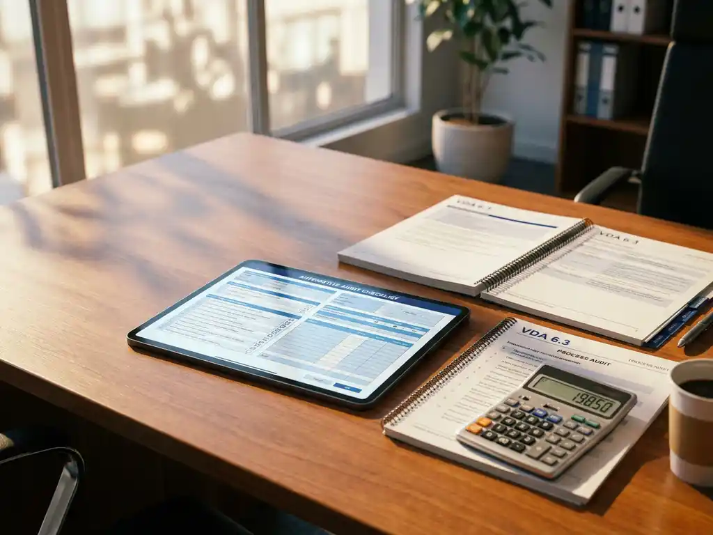 Tablet mit Automotive-Audit-Checkliste auf Bürotisch neben VDA 6.3 Dokumenten und Taschenrechner bei warmem Tageslicht
