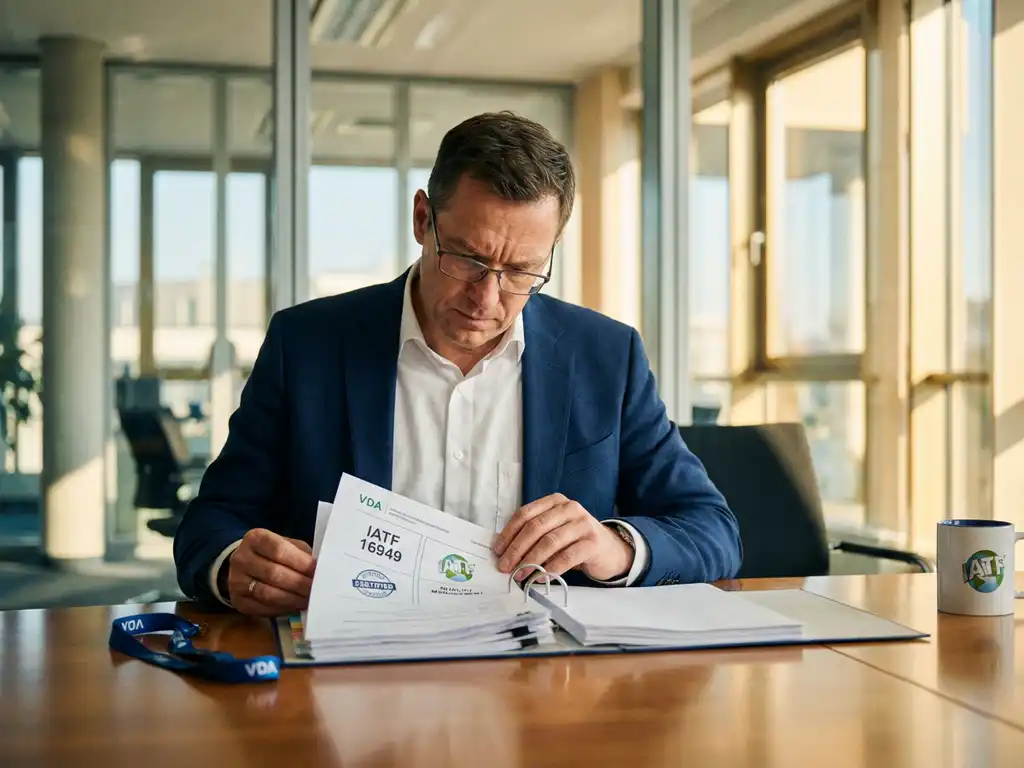Professioneller Auditor prüft VDA- und IATF-Automobilstandard-Handbücher auf Konferenztisch in modernem Industriebüro