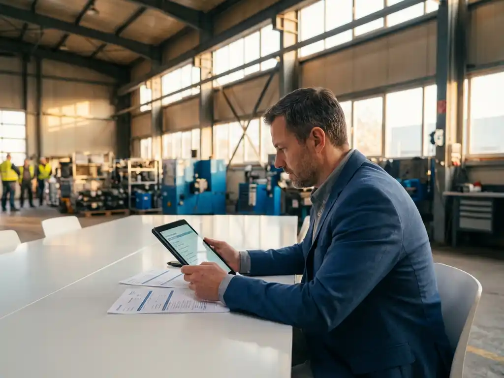 Professioneller Automobilprüfer mit Tablet und digitaler Checkliste am Konferenztisch in moderner Industrieanlage