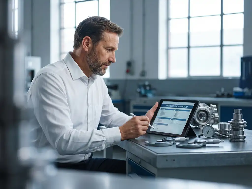 Professioneller Auditor prüft Automotive-Qualitätscheckliste auf Tablet in industrieller Arbeitsumgebung mit Messgeräten