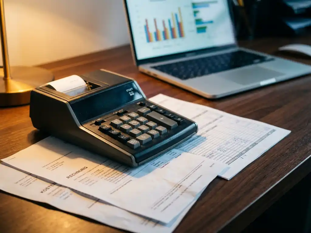 Taschenrechner auf dunklem Holzschreibtisch mit deutschen Rechnungen, Kostenkalkulationen und Laptop mit Finanzdiagrammen