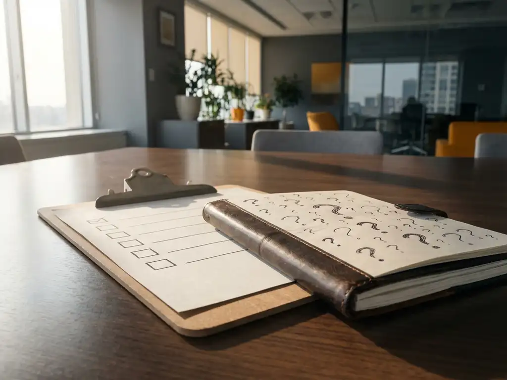 Zwischenablage mit Checkliste und ledergebundenes Notizbuch mit Fragezeichen auf Holzkonferenztisch im Büro