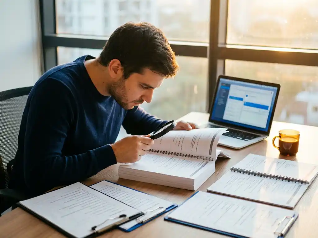 Softwareentwickler pr&uuml;ft gedruckte Code-Dokumentation mit Lupe am modernen Schreibtisch mit Programmierhandb&uuml;chern