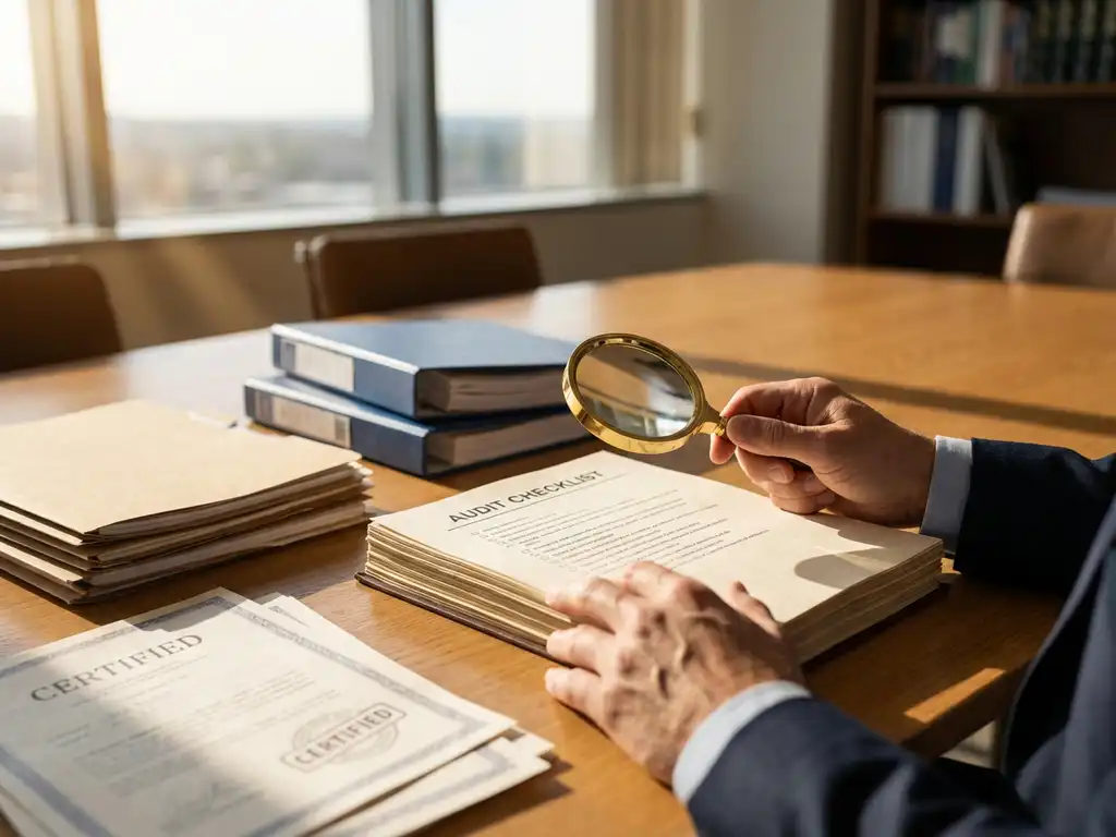 Professionelle H&auml;nde eines Auditors pr&uuml;fen Compliance-Checkliste mit Lupe auf Holzkonferenztisch, Zertifizierungsordner im Hintergrund
