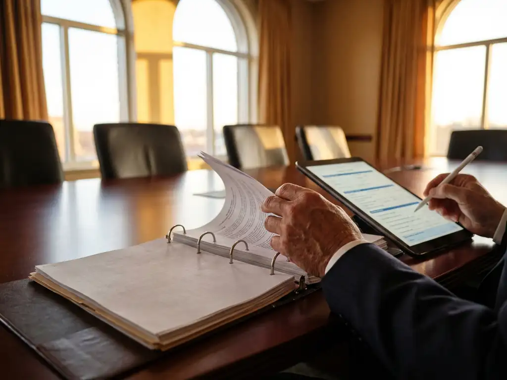 Hände eines Senior-Auditors prüfen Compliance-Ordner und machen Notizen auf Tablet am Mahagoni-Konferenztisch