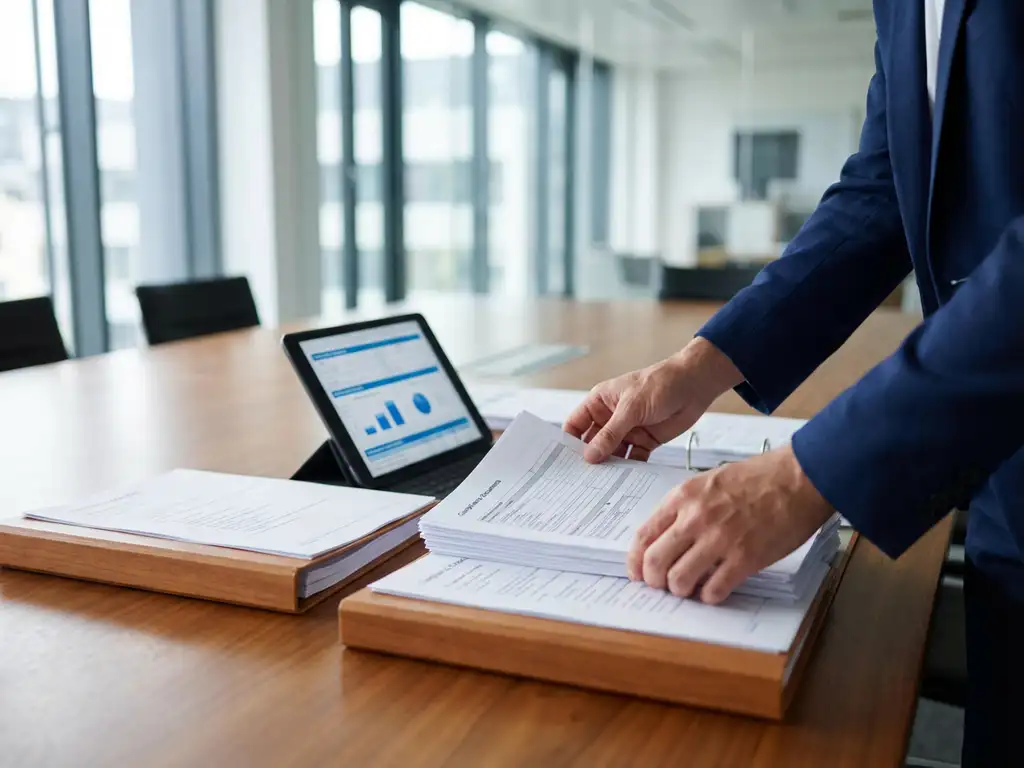 Professionelle Wirtschaftsprüfer-Hände organisieren Compliance-Dokumente und Checklisten auf Konferenztisch mit Tablet