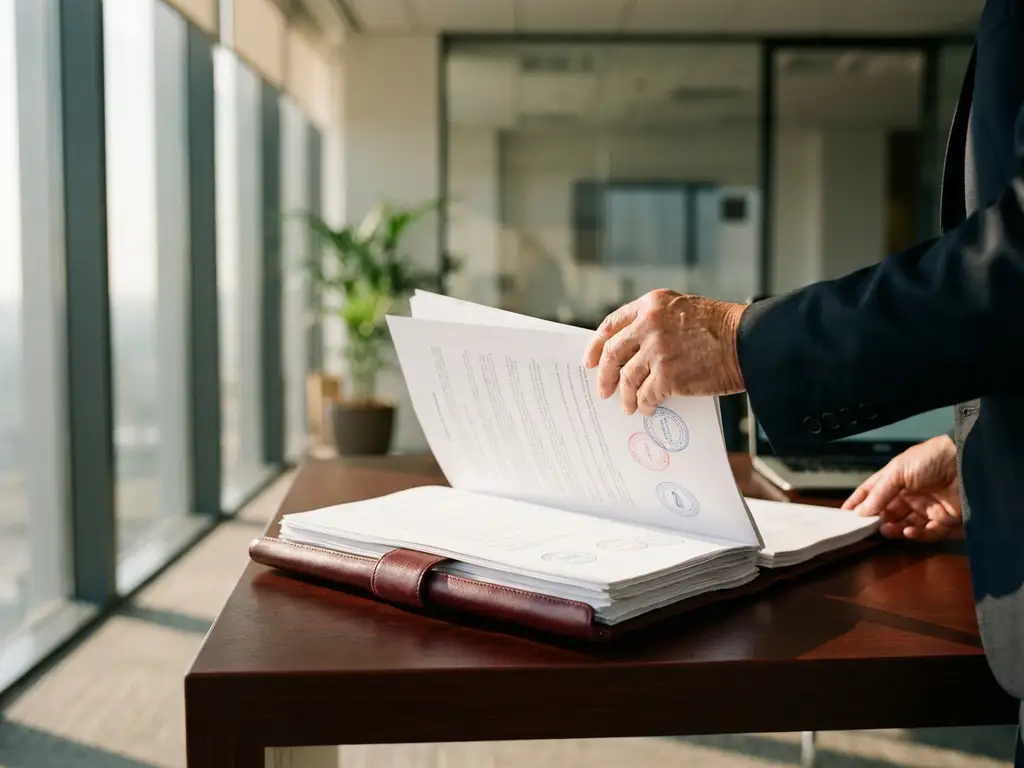 Professionelle H&auml;nde halten dicken Compliance-Ordner mit Zertifizierungsstempeln auf Mahagoni-Schreibtisch im B&uuml;ro