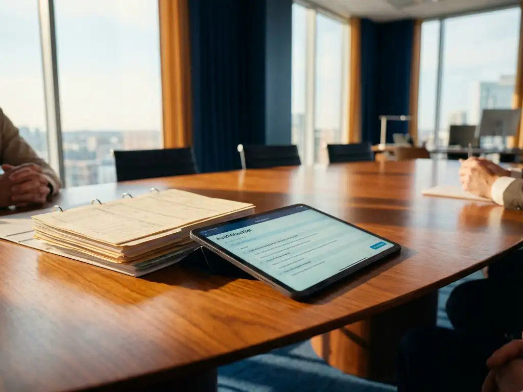 Tablet mit digitaler Audit-Checkliste neben Papierstapel auf Mahagoni-Konferenztisch in modernem Büro