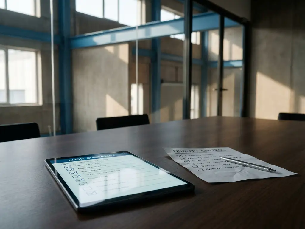 Tablet mit digitaler Audit-Checkliste neben Papier-Checkliste und Stift auf Konferenztisch in modernem Büro